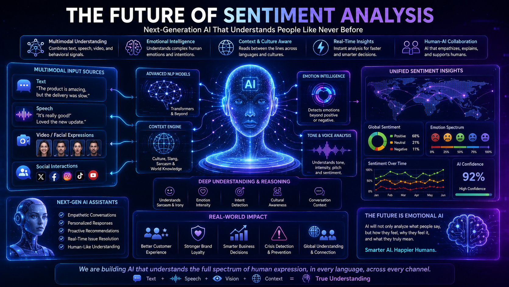 Futuristic illustration showing how sentiment analysis may evolve with advanced emotional AI and multimodal understanding.
