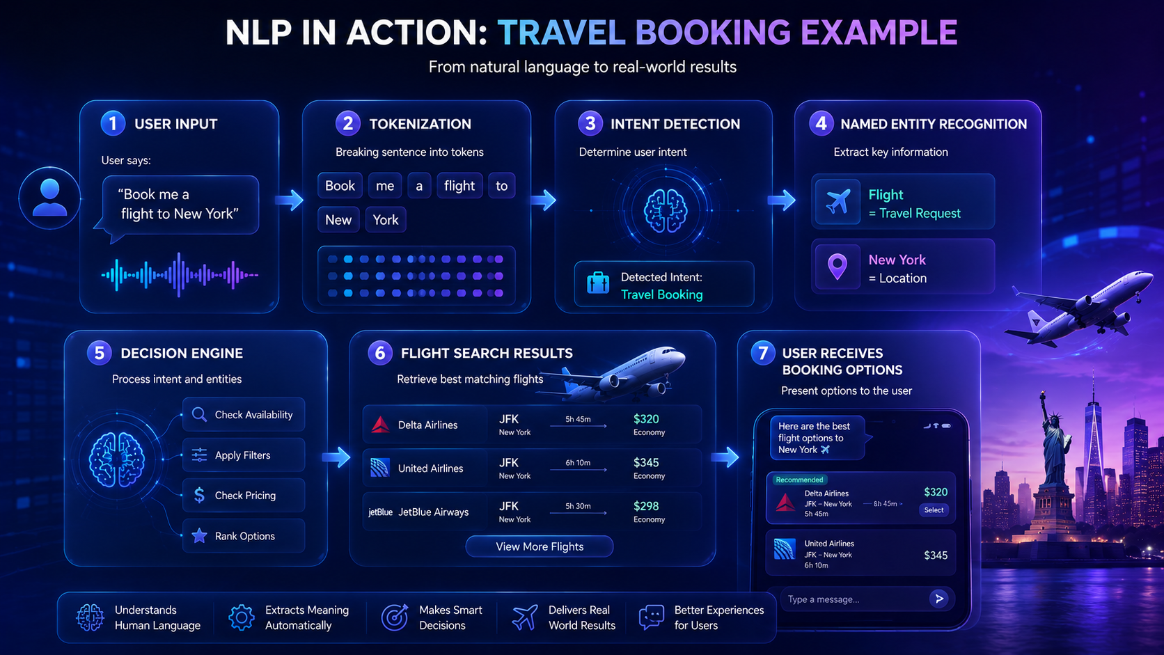 Workflow example showing how NLP processes a user request to book a flight.