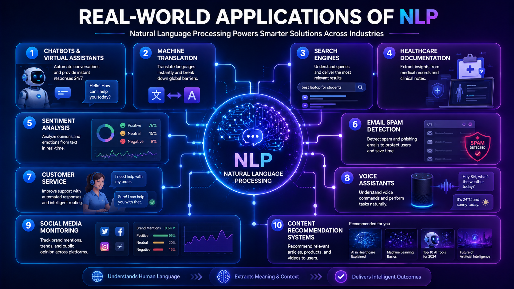 Infographic showing major industries and applications powered by Natural Language Processing.