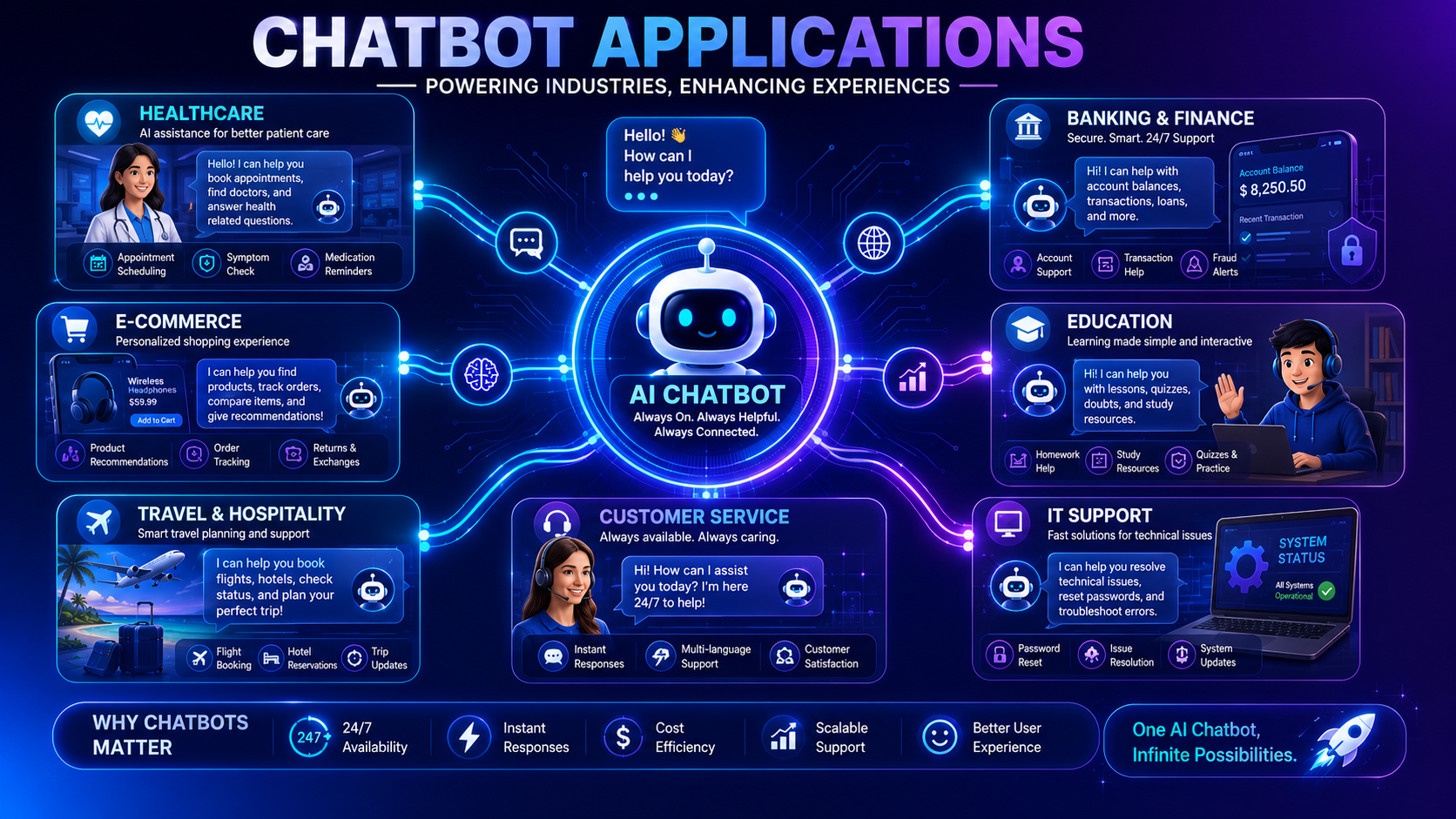 Infographic showing chatbot applications in healthcare, banking, e-commerce, education, and customer service.
