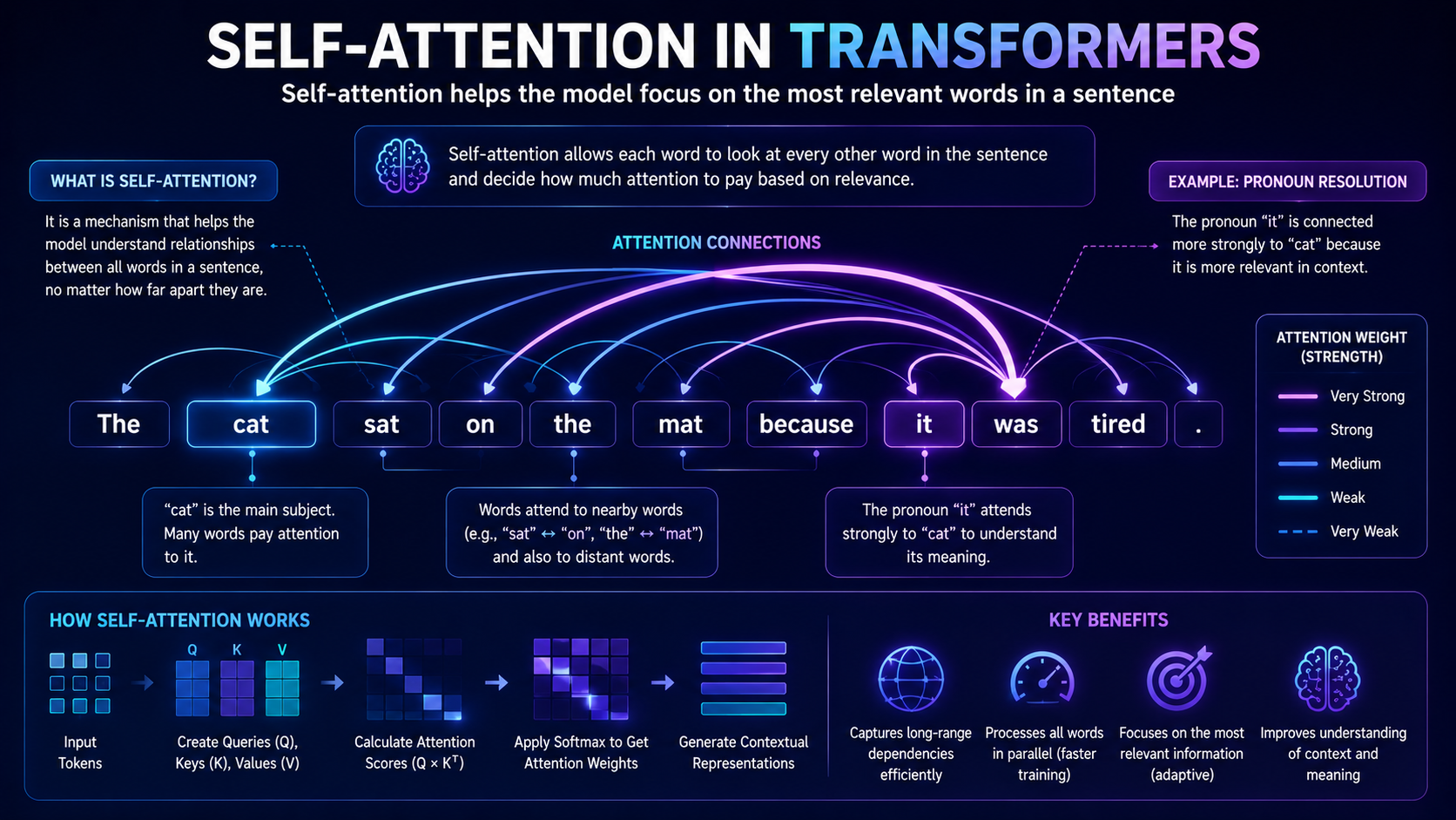 Visualization of self-attention showing how words in a sentence influence one another.
