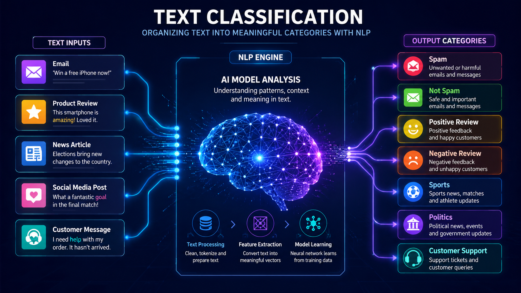 Illustration showing how AI automatically categorizes text into predefined classes such as spam, news, reviews, and support tickets.