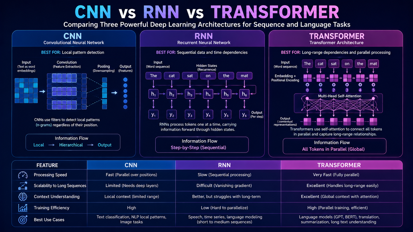 Comparison chart showing differences between Transformers, recurrent neural networks, and convolutional neural networks.
