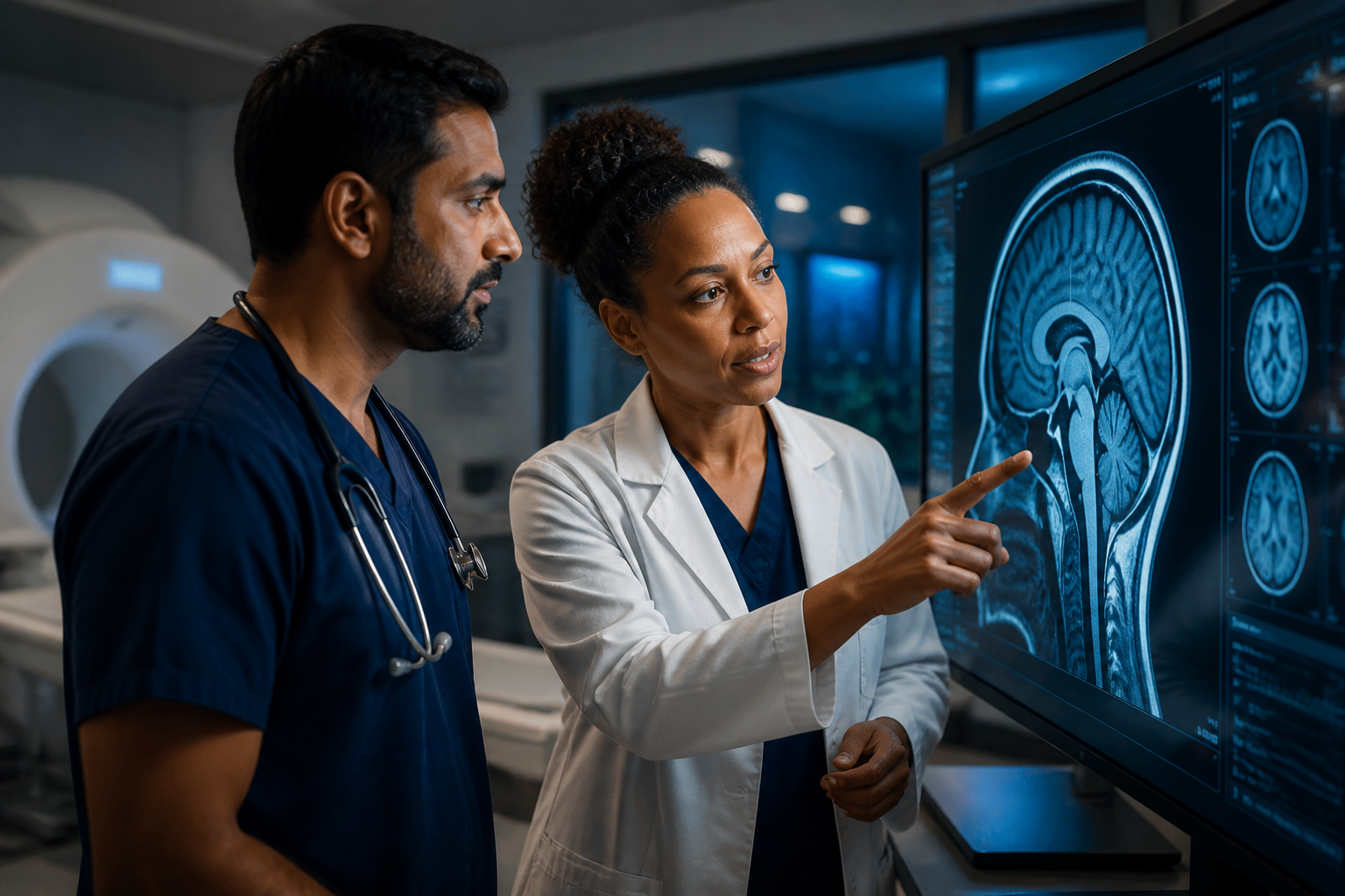 Clinicians reviewing diagnostic imaging in a hospital