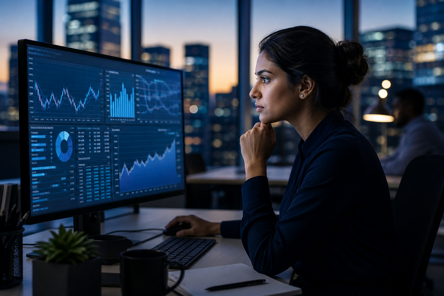 Financial analyst reviewing data on a screen