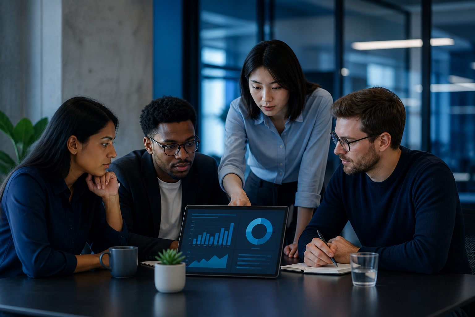 Business team collaborating around an analytics display