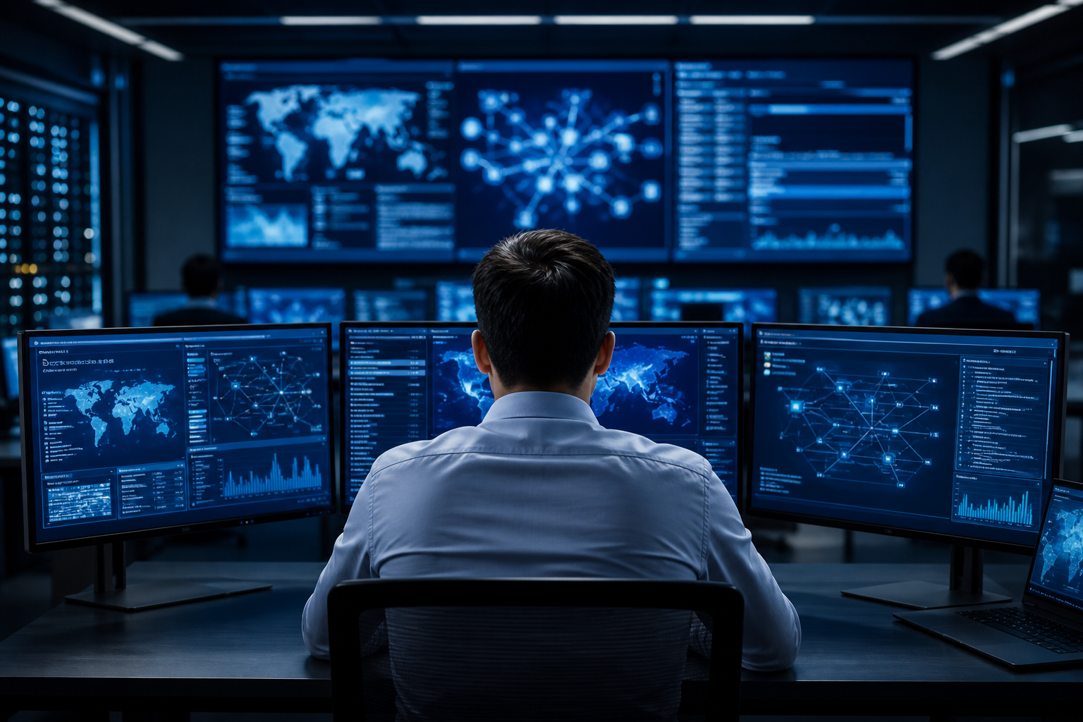 Cybersecurity analyst monitoring a network operations room