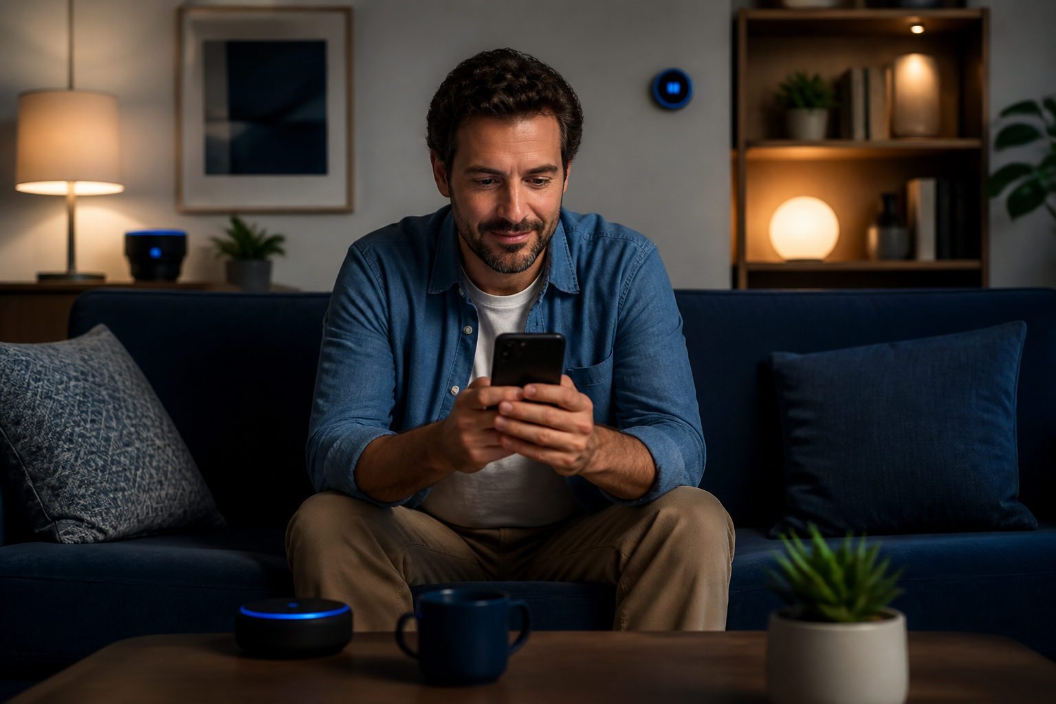 Person using a smartphone in a smart home