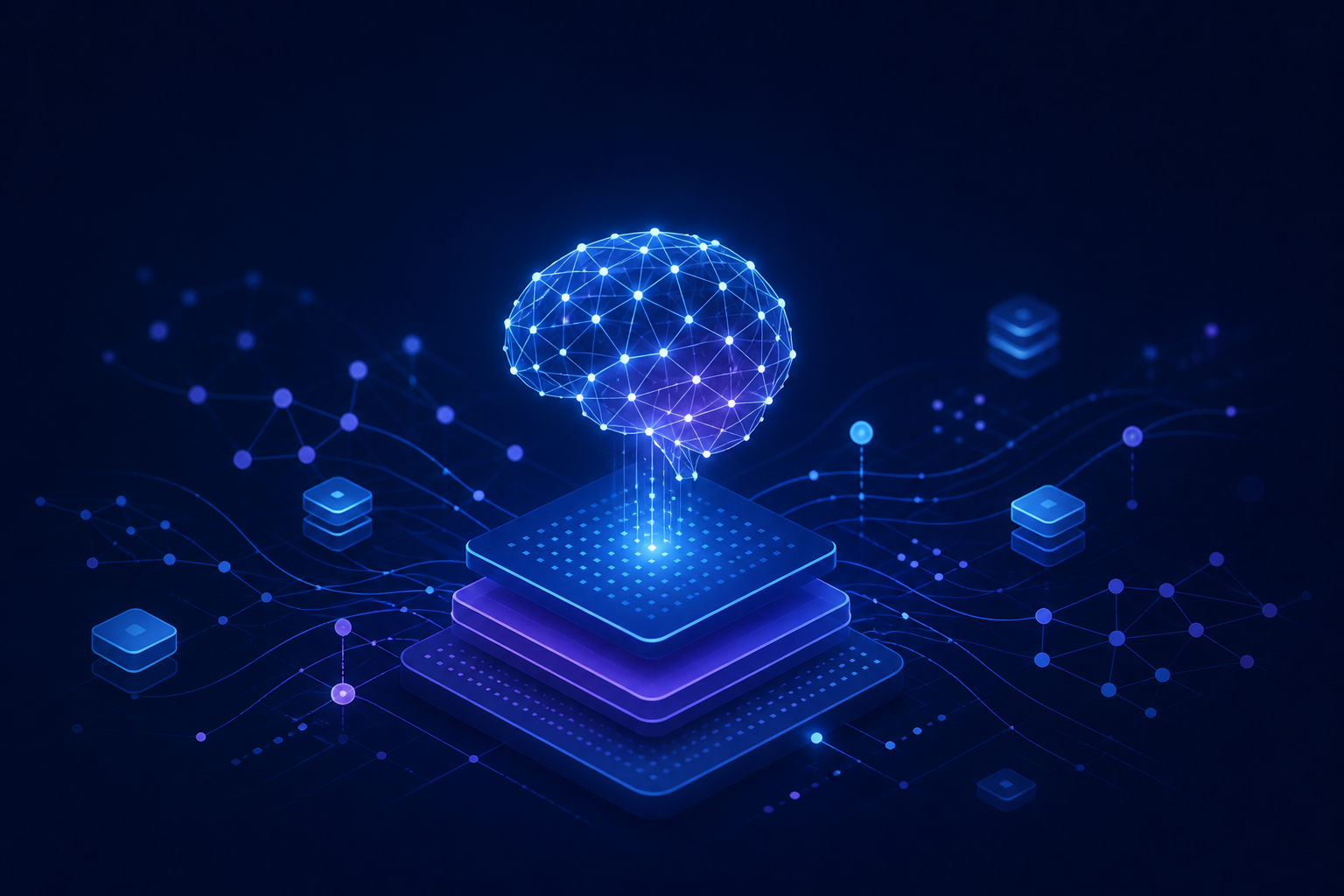 Neural network brain above a glowing learning platform