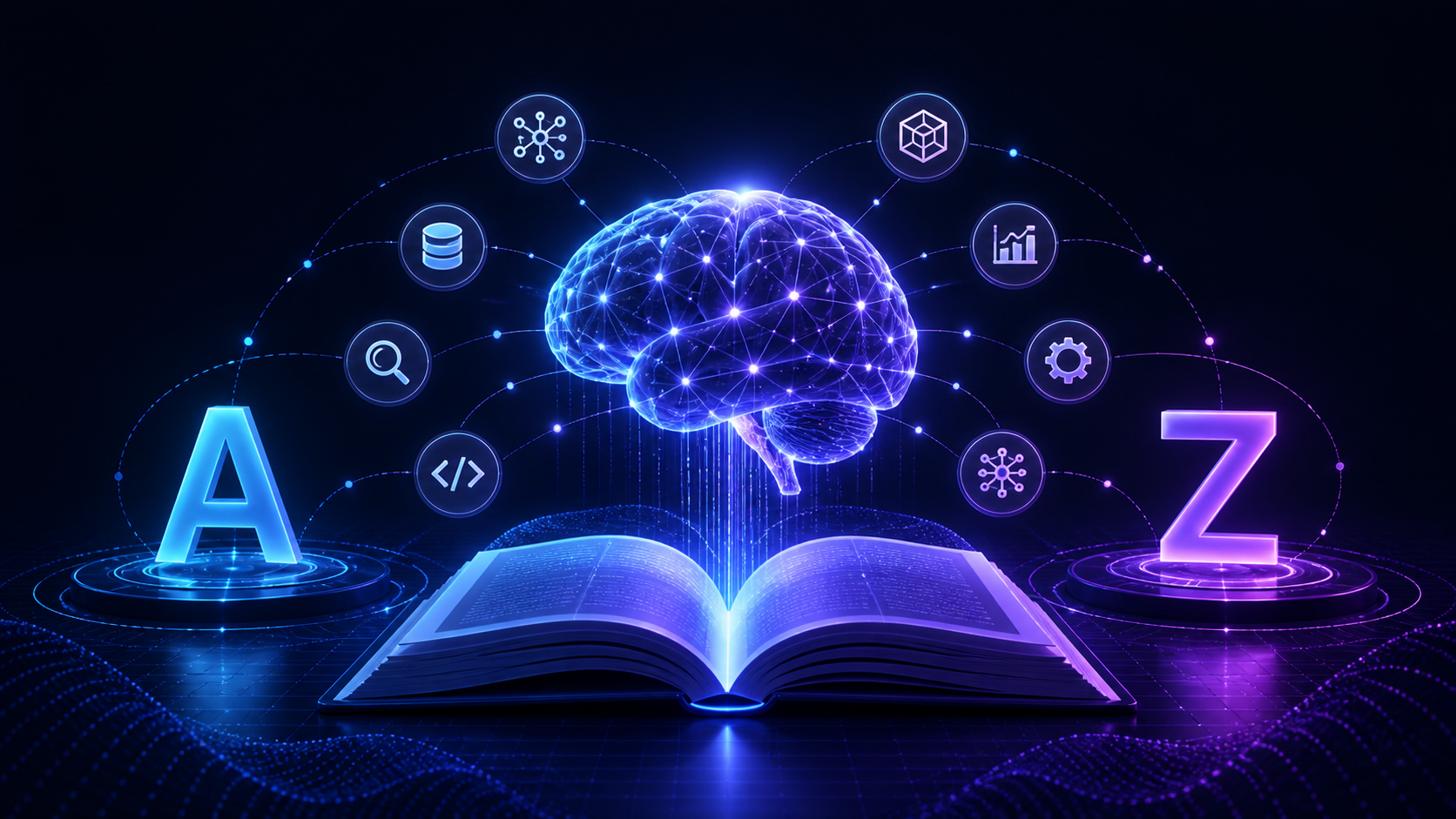 A glowing AI brain above an open reference book, framed by A–Z symbols and connected learning concepts.