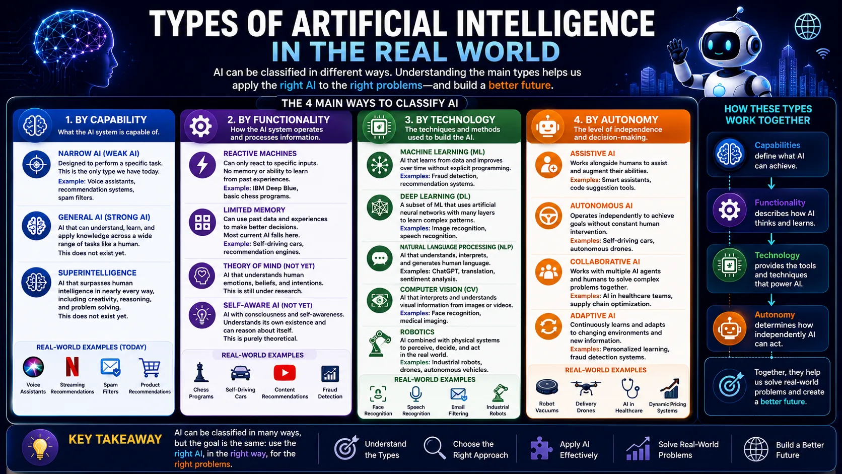 A multidimensional view of AI showing that one system can be described by capability, runtime behavior, technical approach, task, application domain, and autonomy.