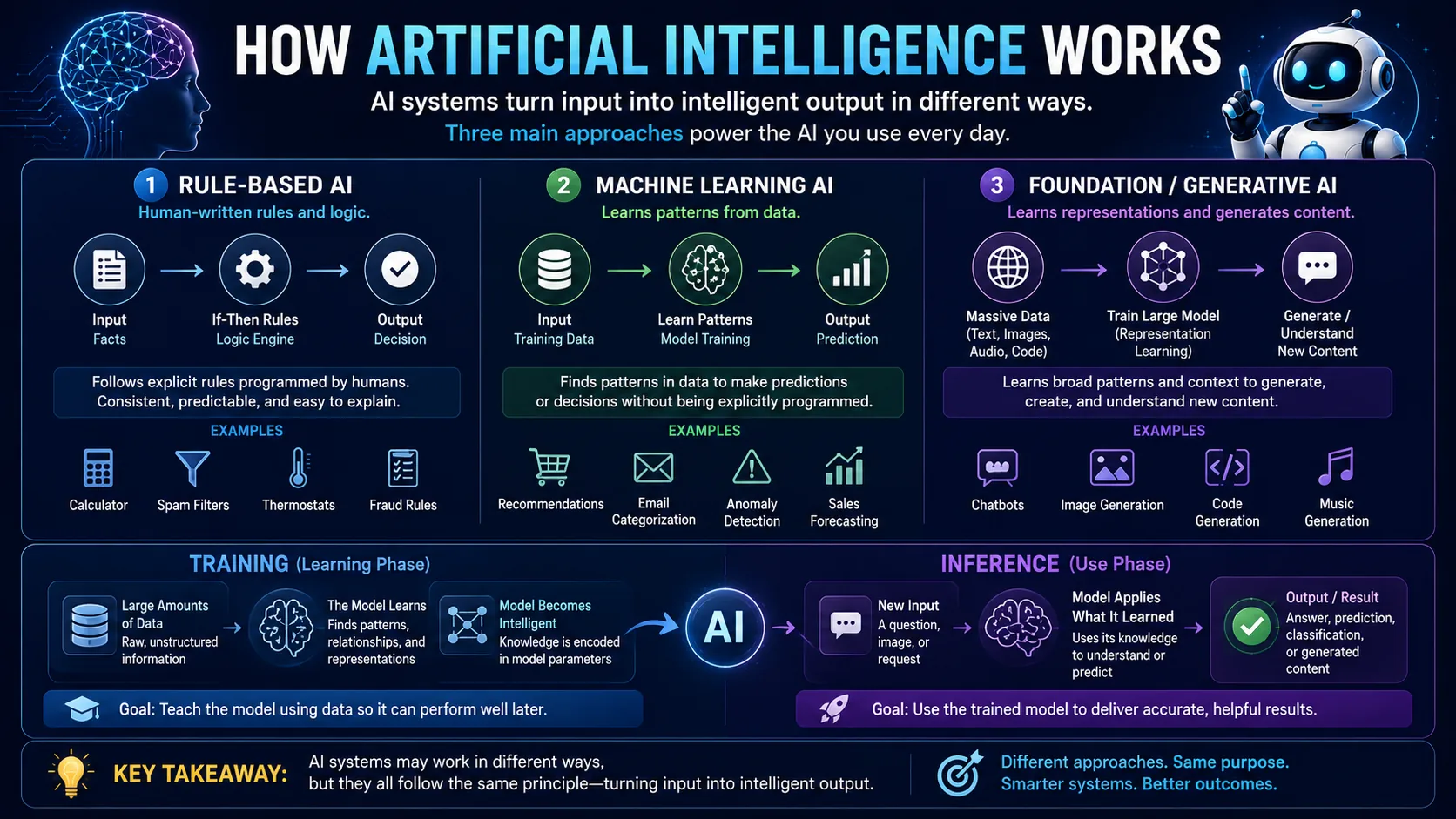 Educational diagram illustrating how artificial intelligence systems process inputs through rules or trained models to produce predictions, decisions, or generated outputs.