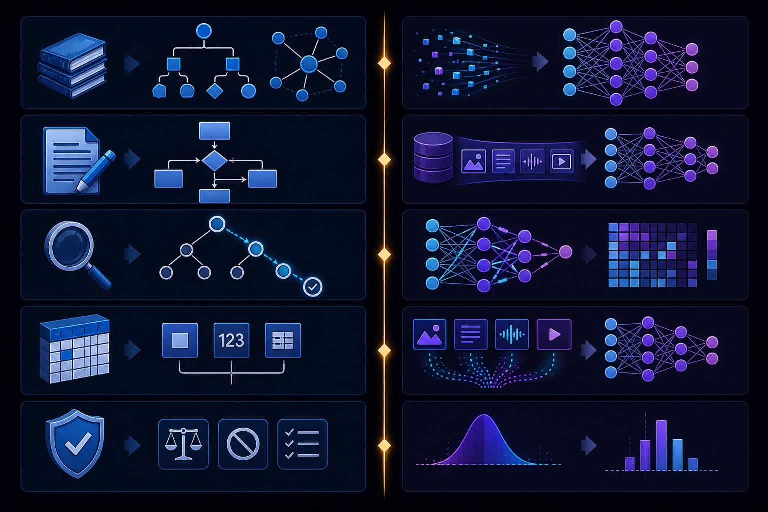 Side-by-side comparison of symbolic AI and neural networks across knowledge representation, learning, interpretability, unstructured data, and explicit constraints.
