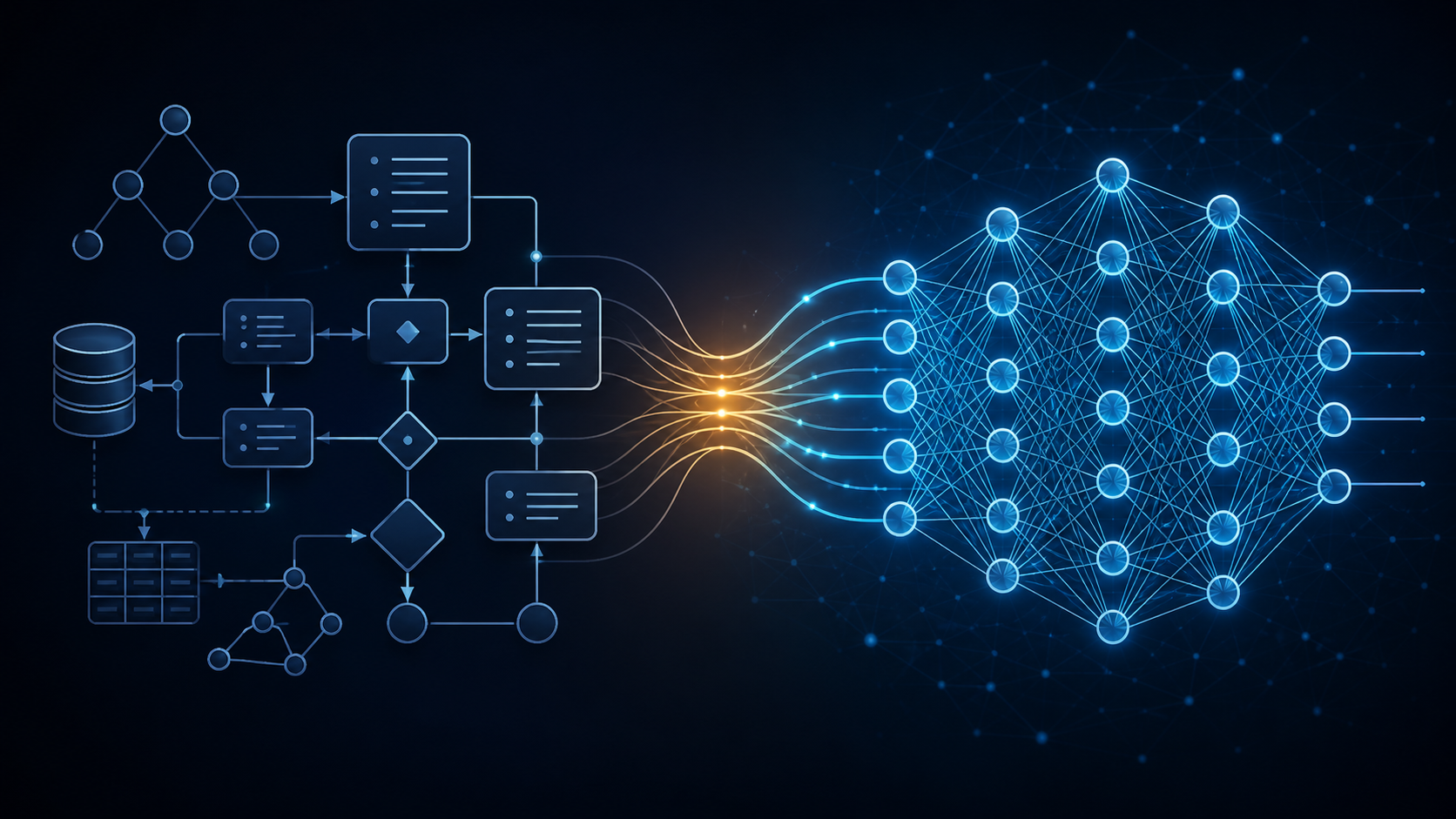 Comparison of symbolic AI using explicit rules and structured knowledge with neural networks using learned interconnected representations, connected by a neuro-symbolic approach.