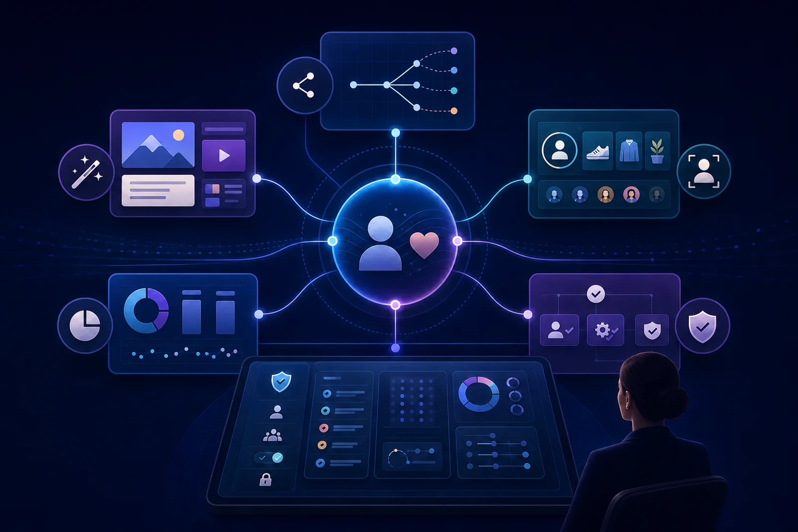 AI in marketing visual showing predictive analytics, generative content, personalization, campaign measurement, and governed automation around a central customer and brand system.