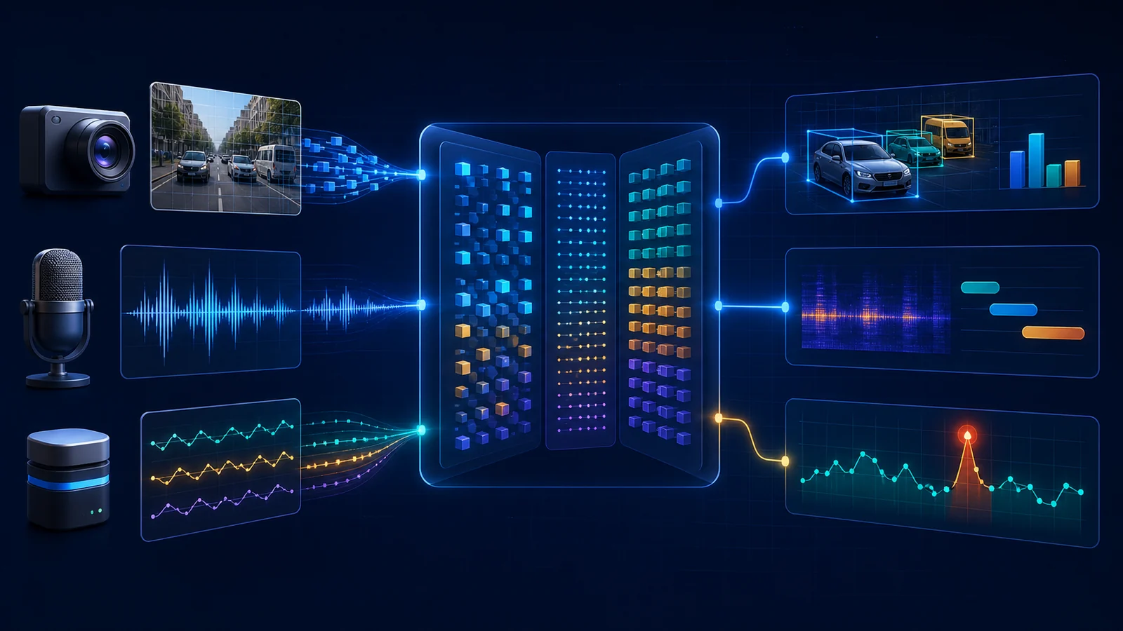 AI machine perception system processing visual, audio, and sensor inputs into task-specific machine representations and outputs.