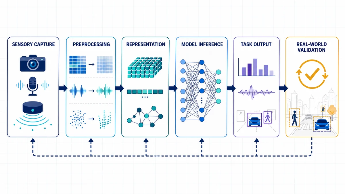 Diagram of a machine perception pipeline from sensory data capture and preprocessing through model inference, task output, and real-world validation.