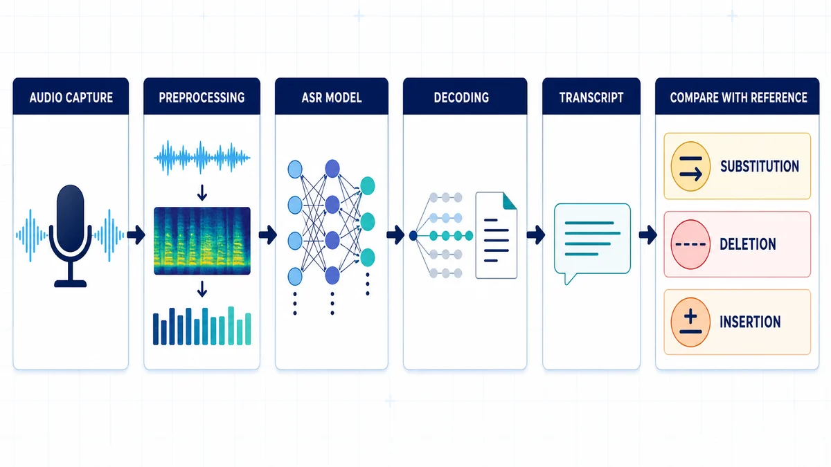 Diagram showing a modern automatic speech recognition pipeline from audio capture to transcript and word error rate evaluation using substitutions, deletions, and insertions.