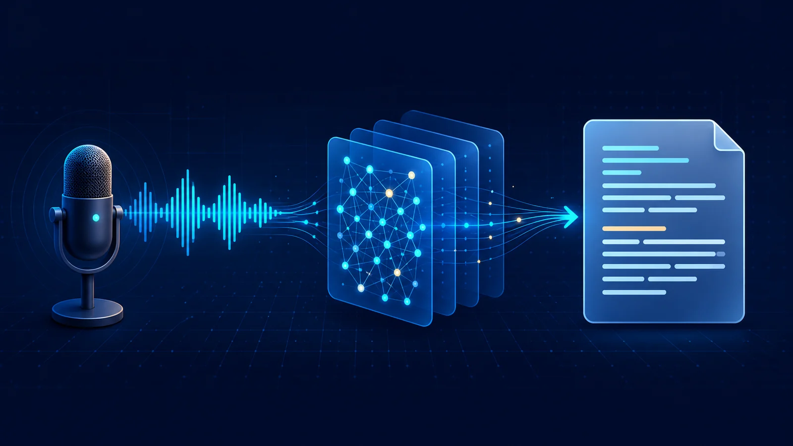 Automatic speech recognition system converting a spoken audio waveform into a text transcript through an AI model.