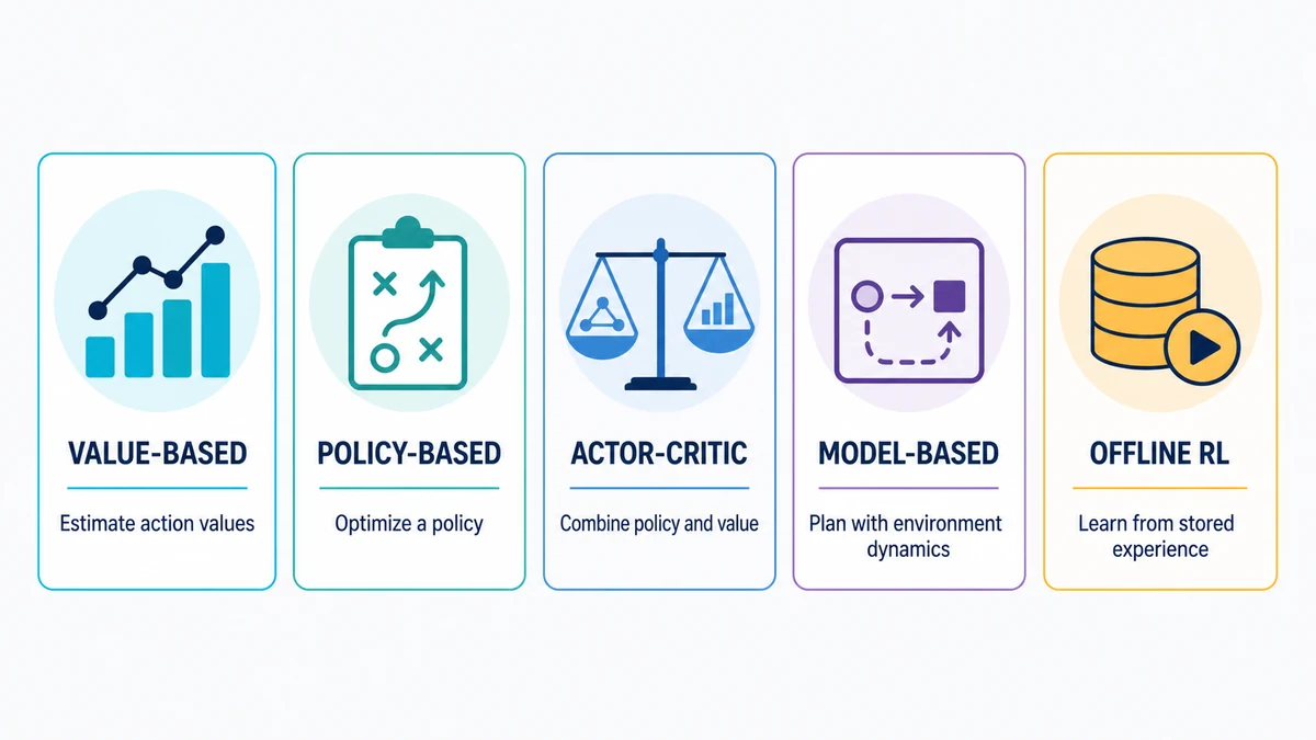 Comparison of value-based, policy-based, actor-critic, model-based, and offline reinforcement learning approaches.