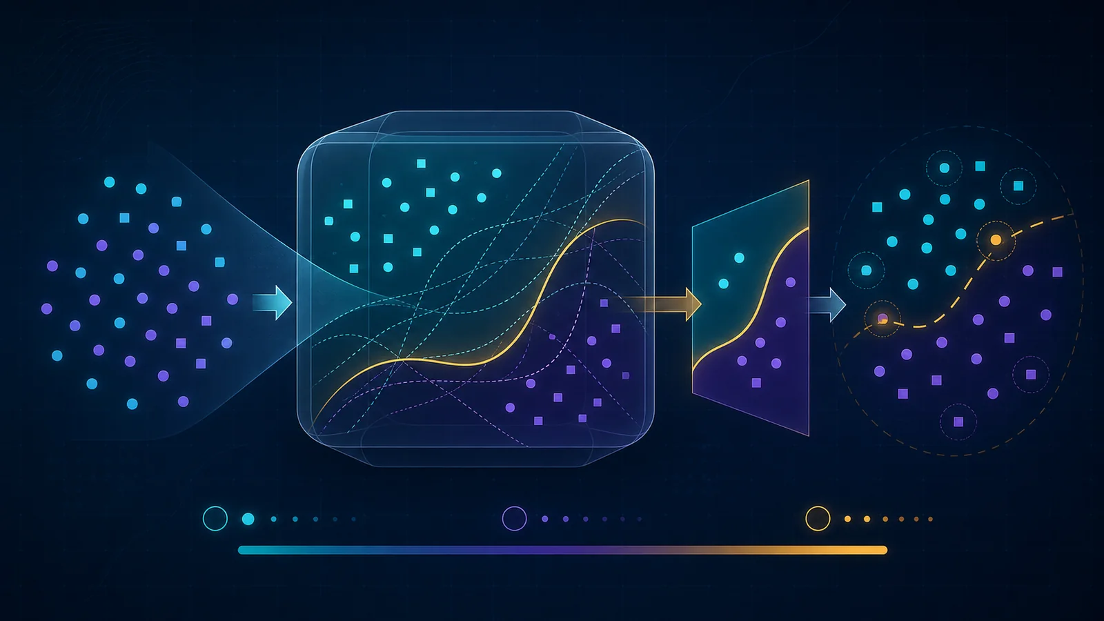Computational learning theory diagram connecting training examples, a hypothesis class, learned model, and generalization to unseen data.