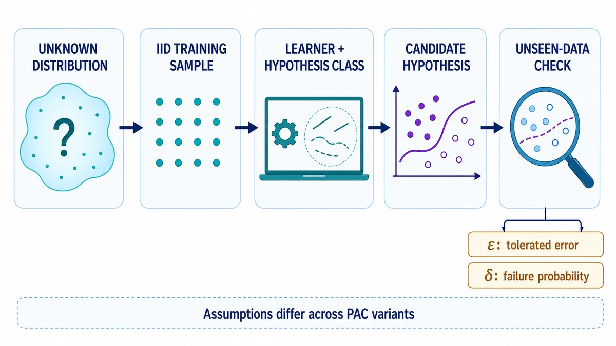 Diagram explaining PAC learning from sampled training data to a hypothesis with specified error tolerance and confidence on unseen data.