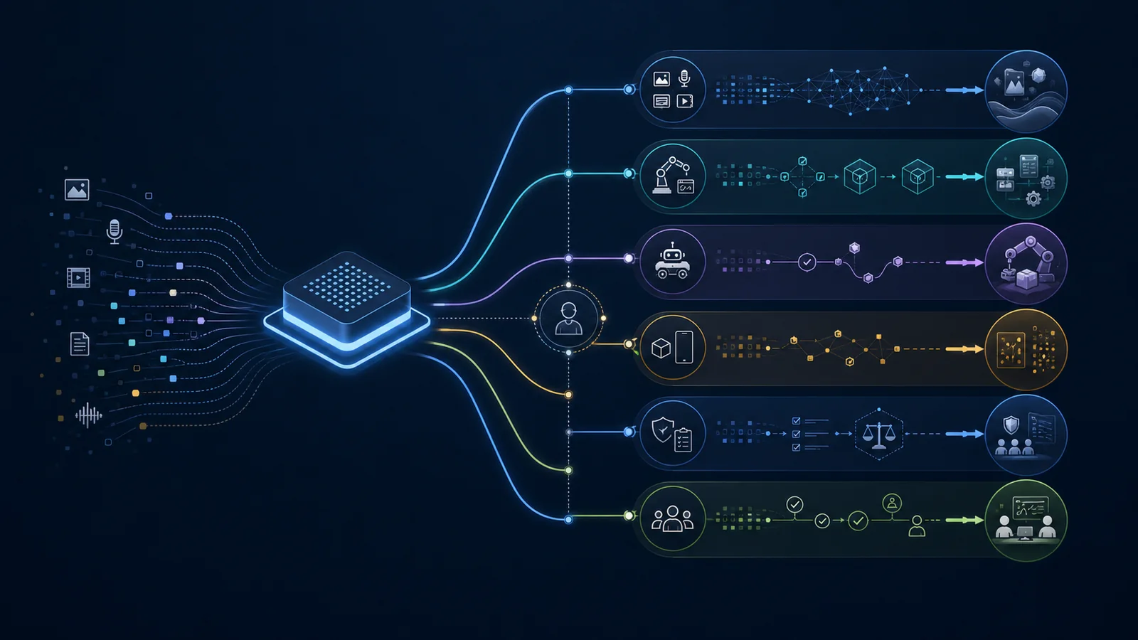 Future of artificial intelligence visual showing branching trends in AI agents, multimodal models, robotics, specialized systems, governance, and human oversight.