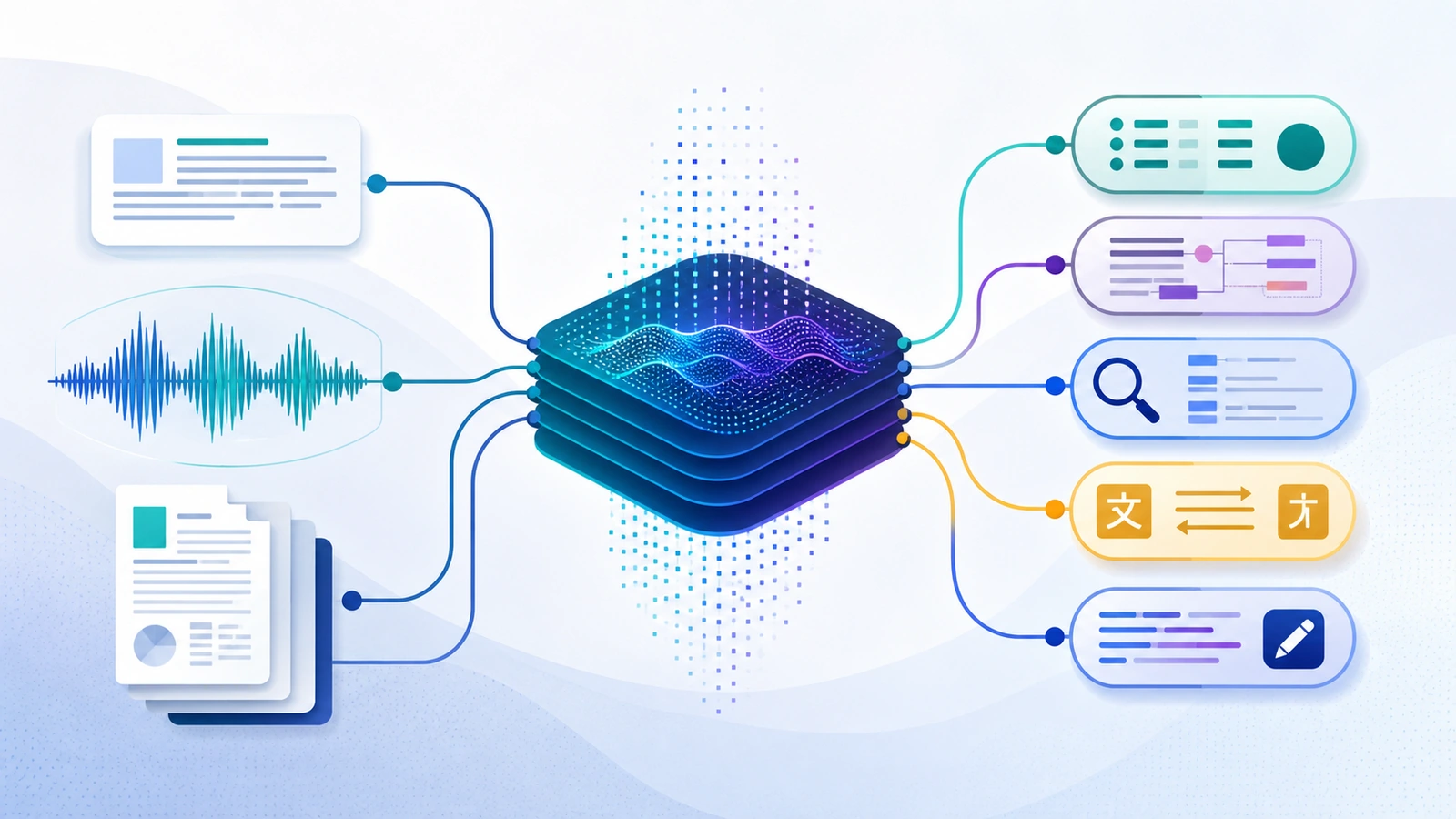Natural language processing system analyzing human language for classification, information extraction, retrieval, translation, and text generation.