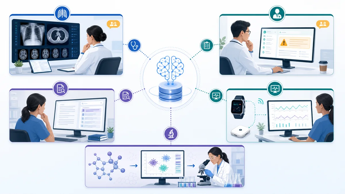 Examples of AI in healthcare including imaging, clinical decision support, documentation, patient monitoring, and biomedical research.
