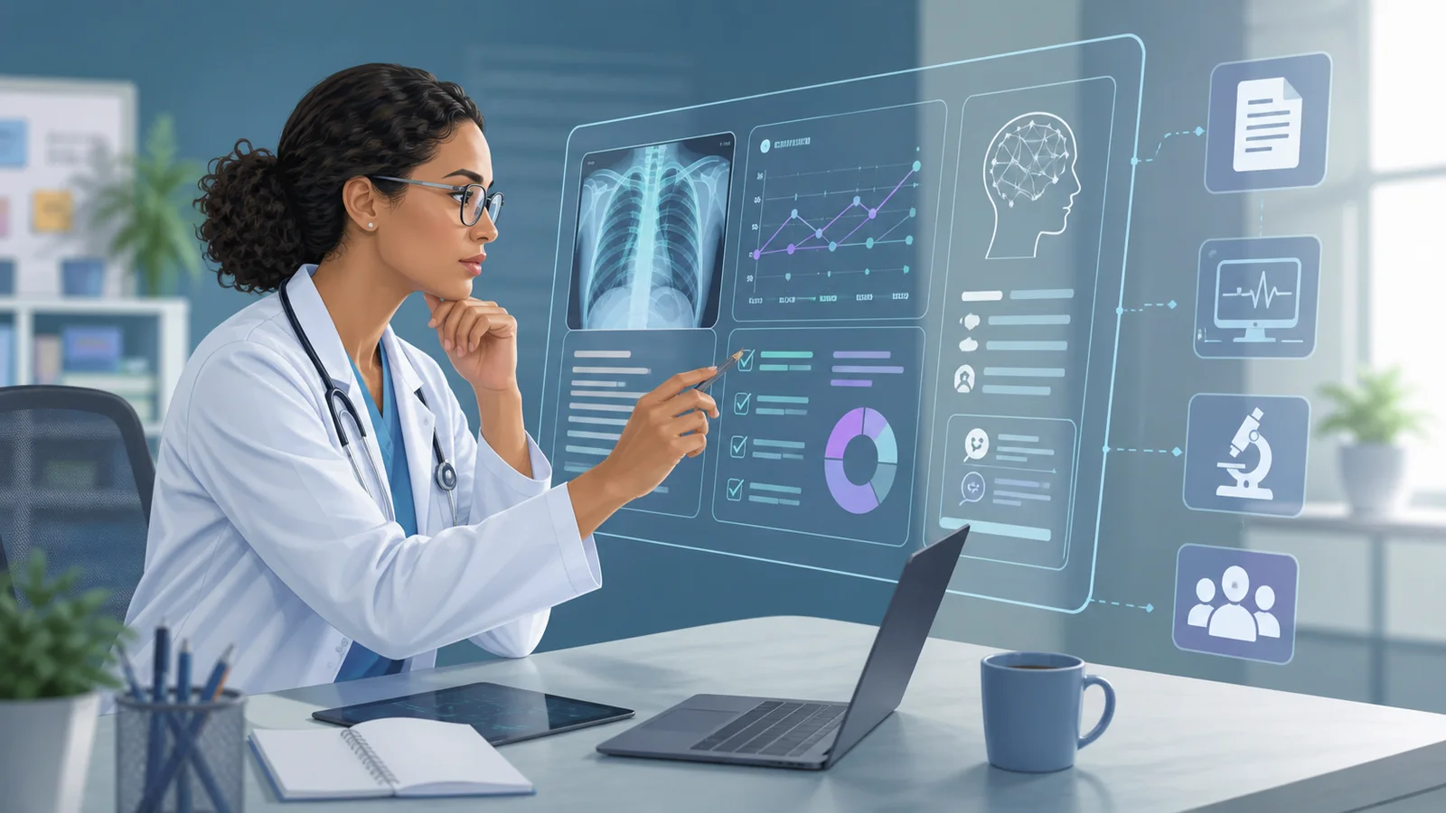 AI in healthcare system supporting medical imaging, clinical decision support, documentation, research, and professional review.