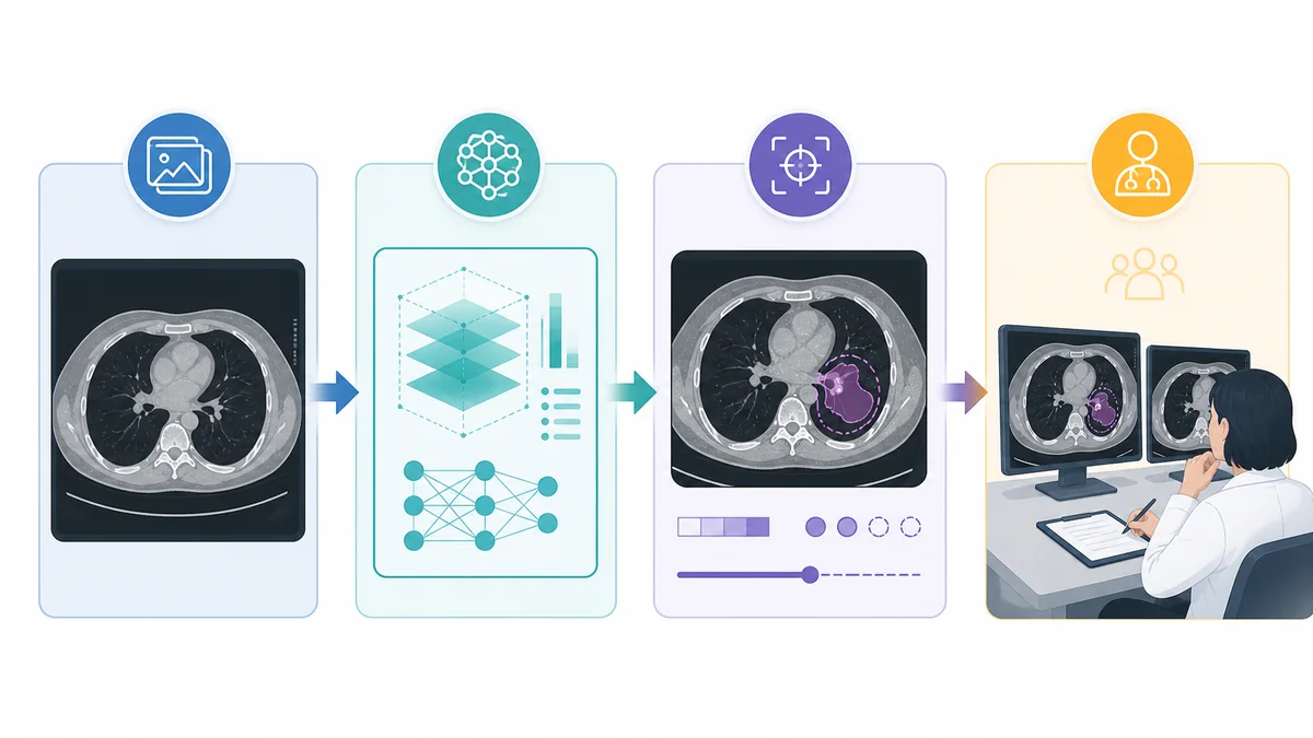 AI medical imaging workflow showing a medical image analyzed by an AI system before healthcare professional review.