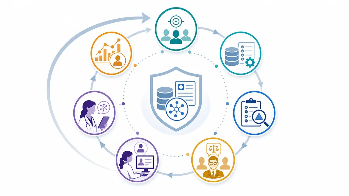 Healthcare AI lifecycle showing intended use, validation, regulatory review, clinical deployment, professional oversight, and post-deployment monitoring.