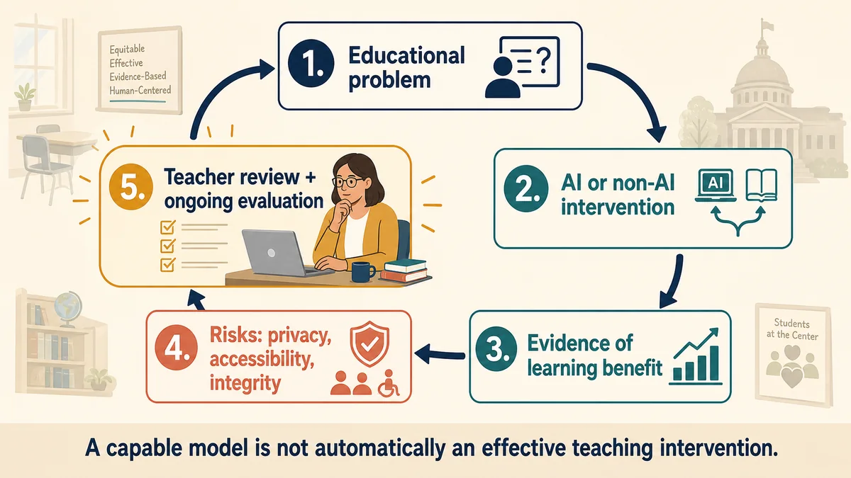 AI education evaluation loop connecting educational purpose, evidence of learning benefit, privacy and equity risks, teacher review, and ongoing evaluation.