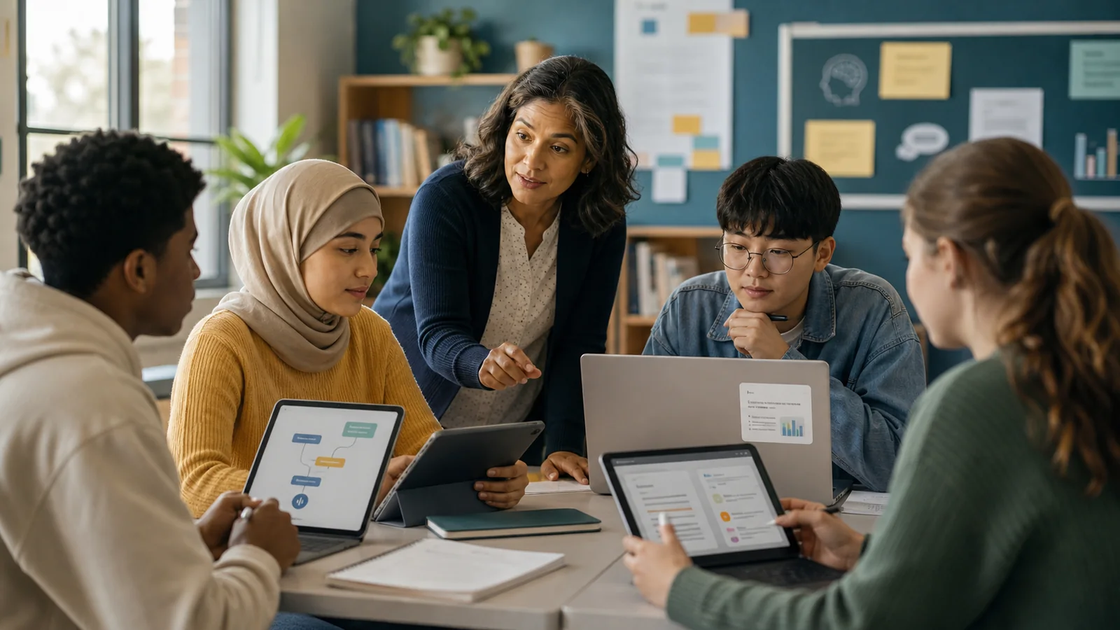 AI in education supporting tutoring, accessibility, feedback, and teacher-led learning in a classroom environment.
