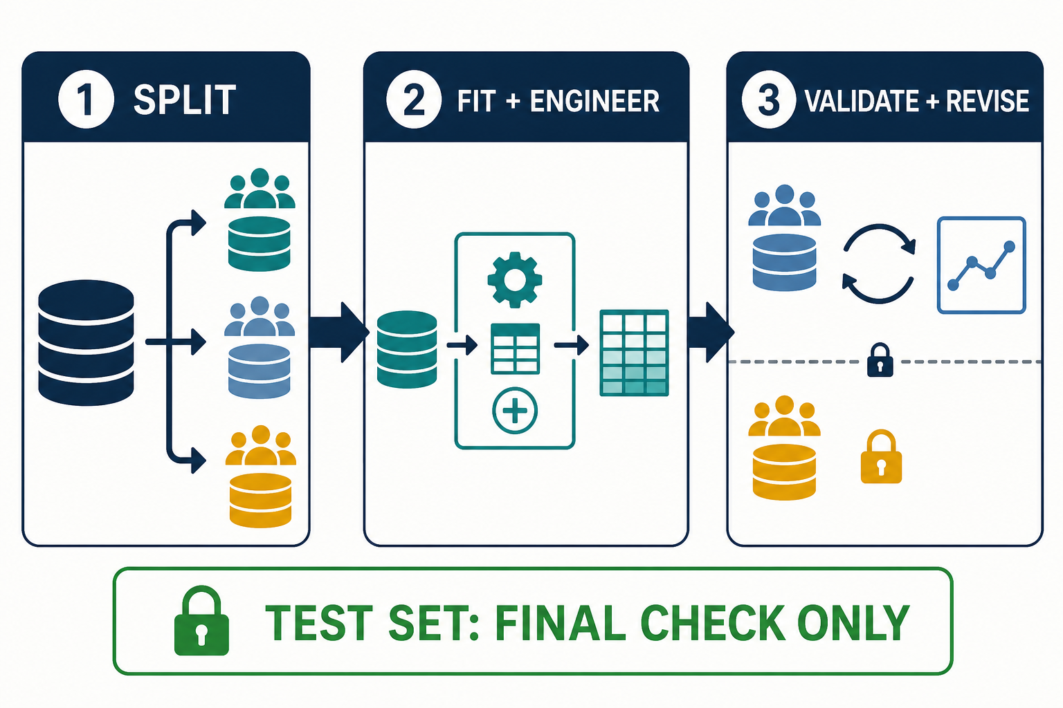 Three-stage leakage-safe workflow: split data, engineer features on training data, validate and revise while reserving the test set