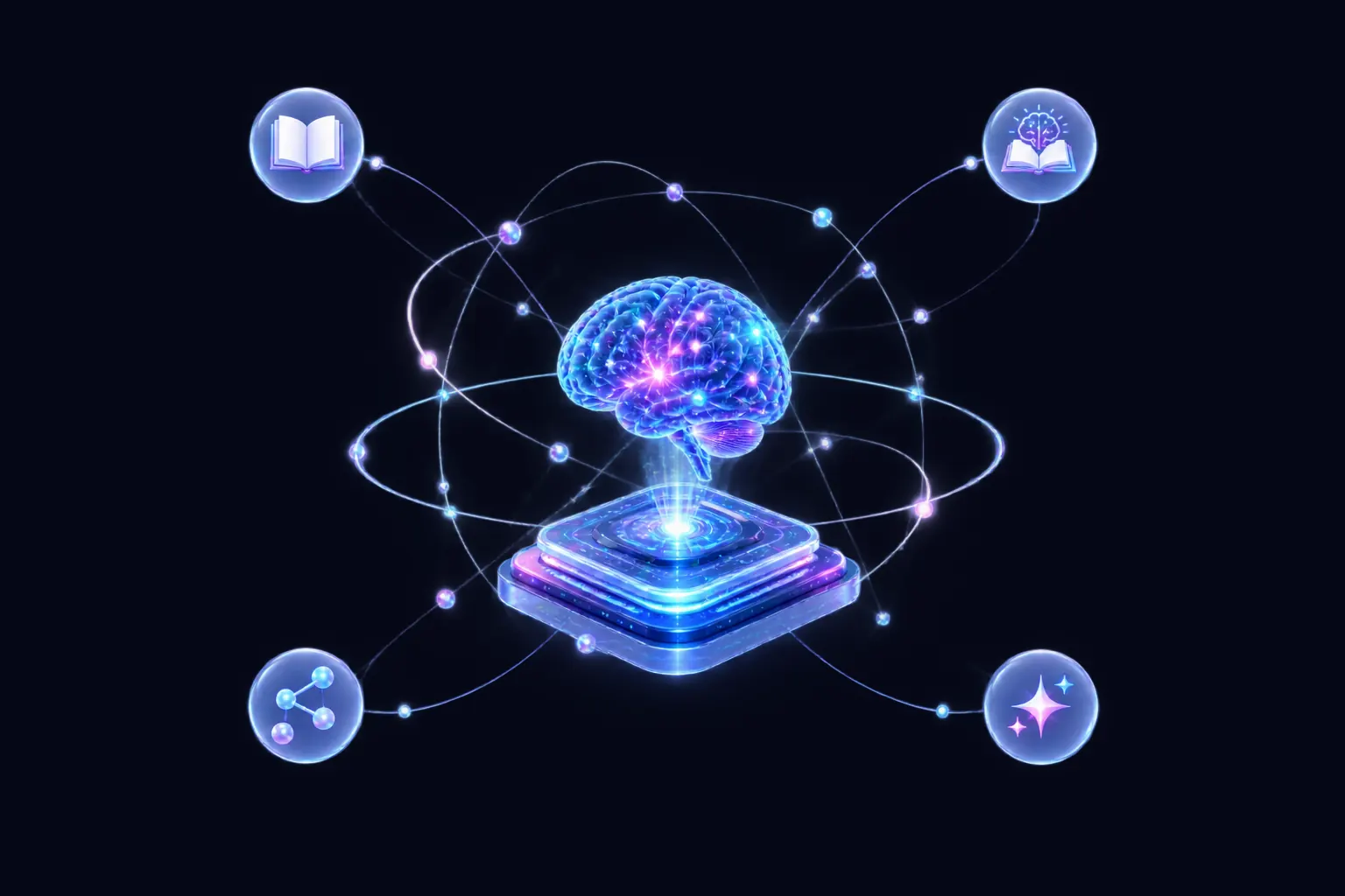 Glowing AI learning ecosystem with a neural brain, orbiting learning symbols, and layered platform