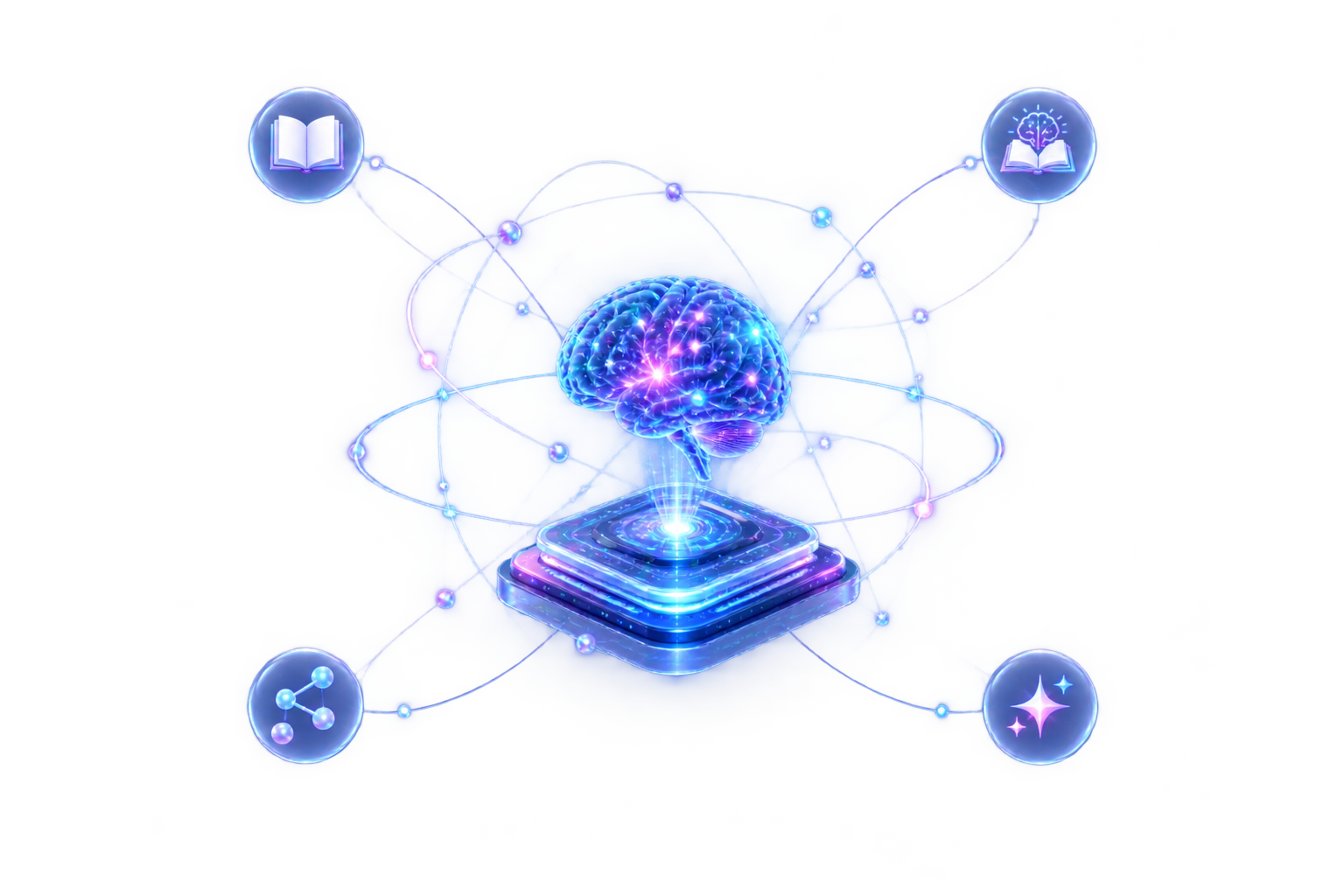 Glowing AI learning ecosystem with a neural brain, orbiting learning symbols, and layered platform