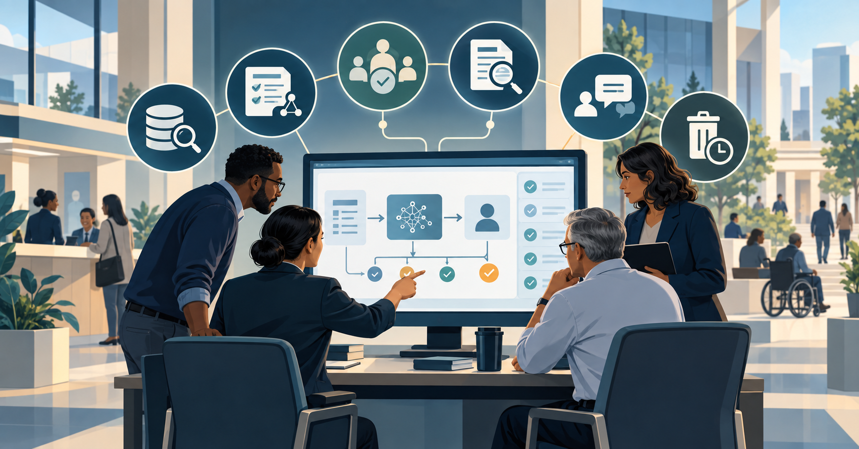 Public servants reviewing an AI-assisted service with controls for assessment, oversight, monitoring and retirement