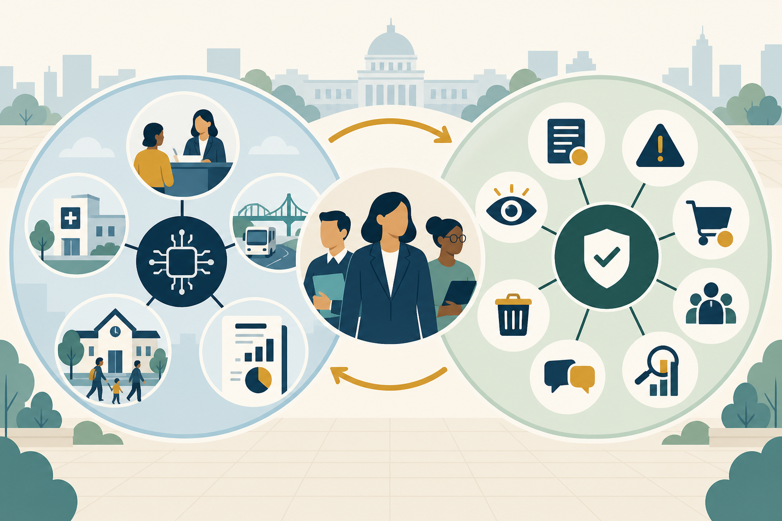 Two connected sides of AI in governance: governments using AI in public administration and governing their own AI systems through human accountability and oversight
