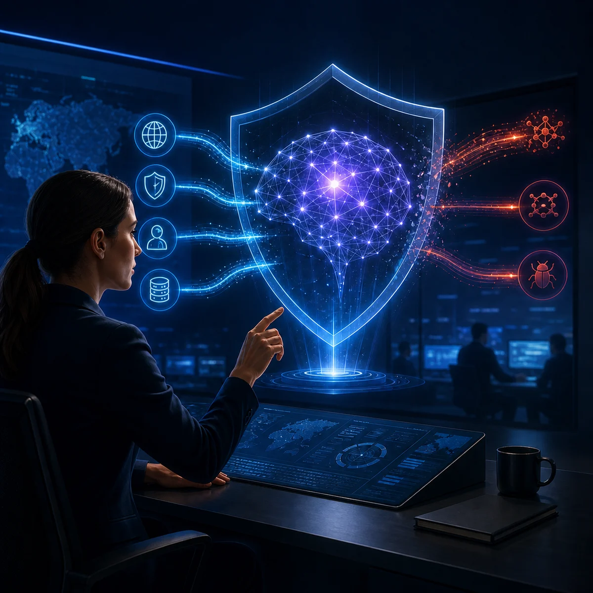 Cybersecurity analyst supervising a protected AI system as defensive and hostile signals meet at its security boundary.