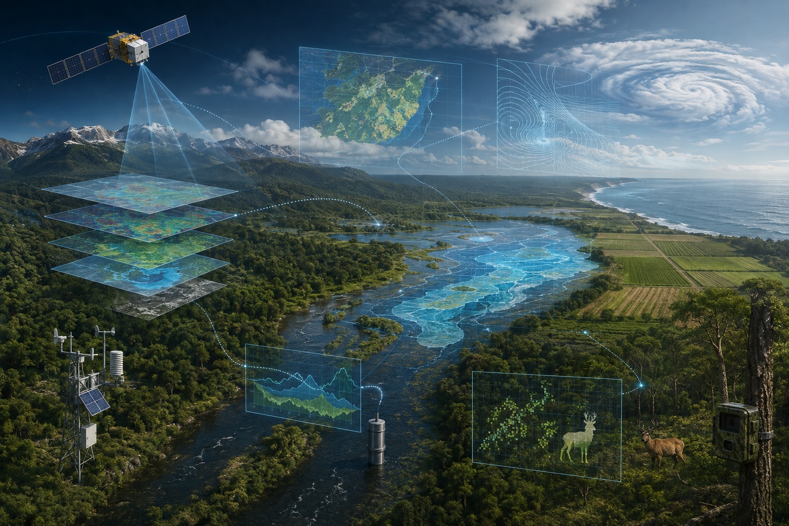 Environmental landscape observed by satellite, weather station, river sensor and wildlife camera with analytical data overlays.