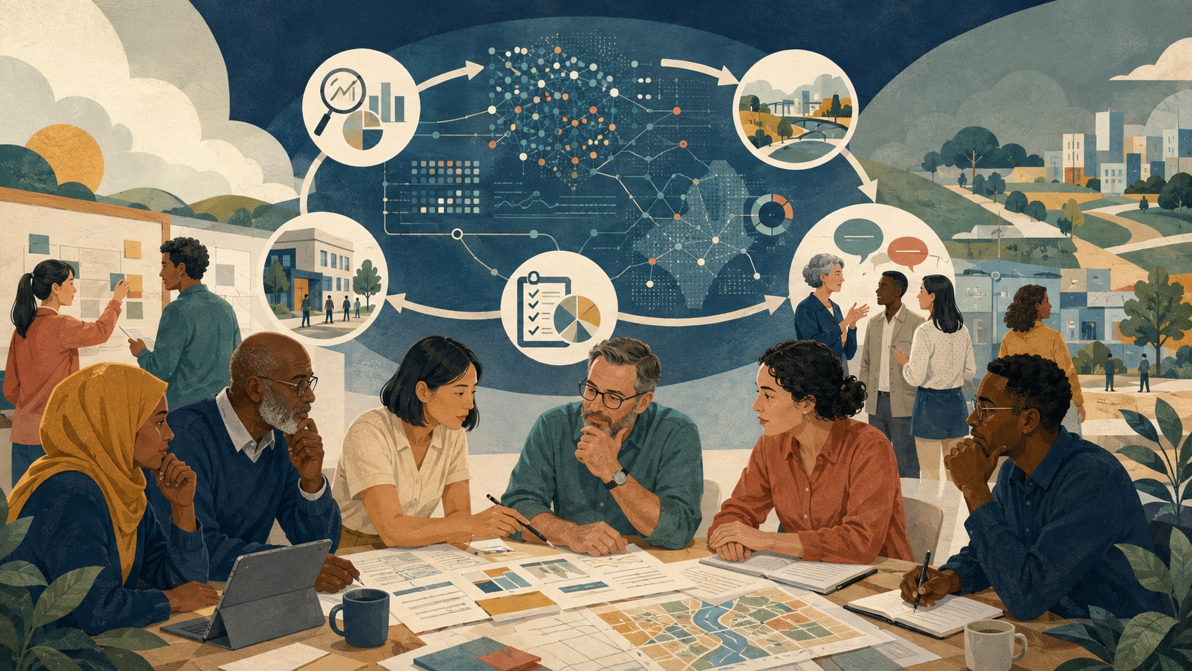 Public servants and community members reviewing evidence while AI supports the public-policy cycle