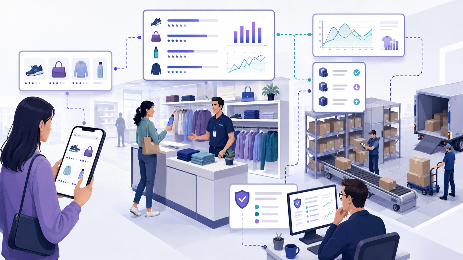 Illustration showing AI supporting product discovery, customer service, inventory planning and order-risk review in retail.