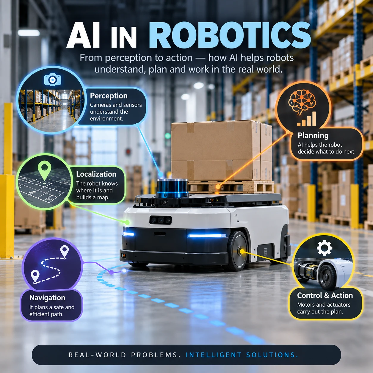 Warehouse robot illustrating perception, localization, navigation, planning, and control in AI-powered robotics