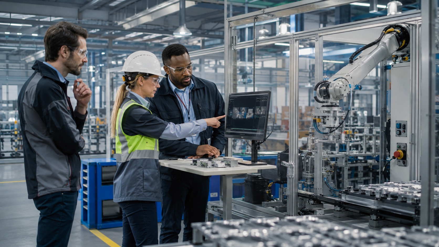 Manufacturing engineers review an AI-assisted inspection beside a guarded robotic workcell