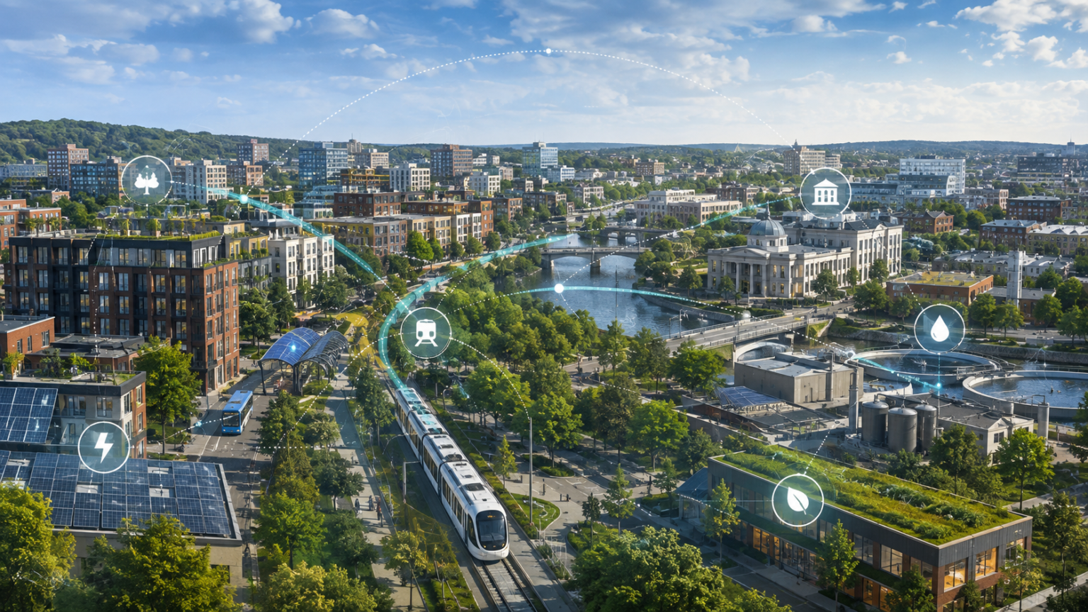 Connected public transit, energy, water, civic buildings and green spaces in a smart city