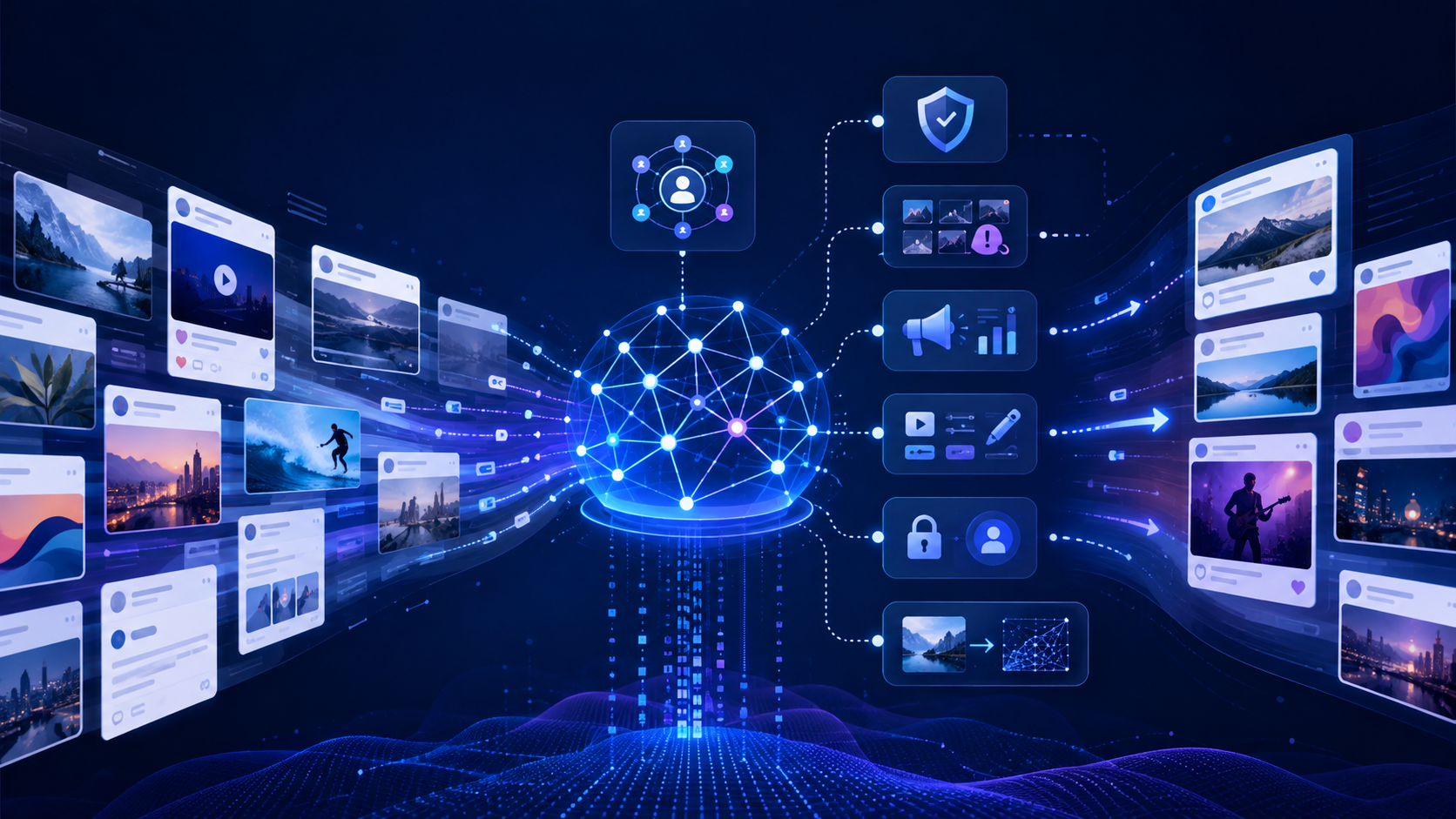 AI system organizing social media content for recommendations, moderation, advertising, creator tools, privacy, and synthetic media