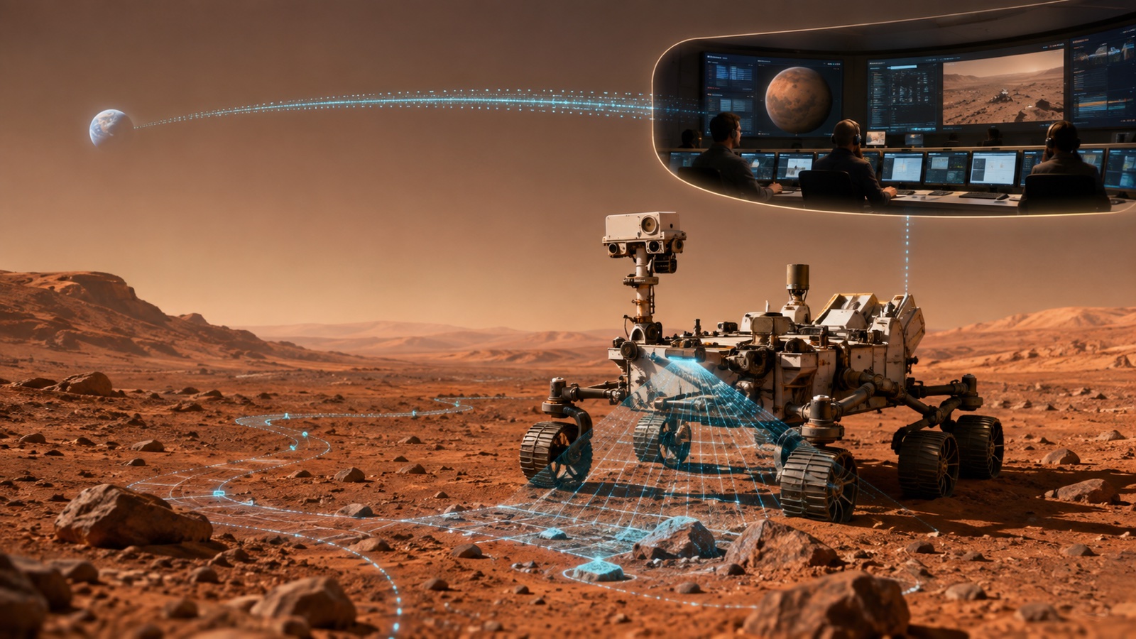 Mars rover maps a safe route while mission controllers monitor its autonomous navigation