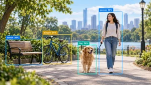 Object detection system identifying a person, dog, bicycle, and bench with labeled bounding boxes and confidence scores.