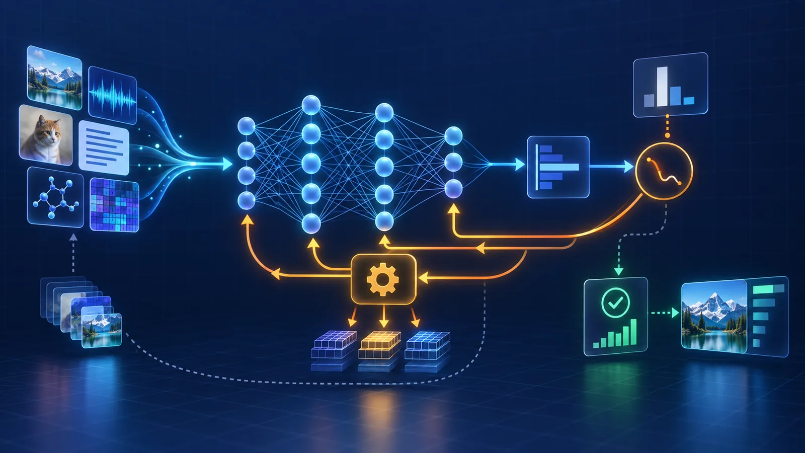 Training data moving through a neural network, loss calculation, gradient feedback, optimizer updates, validation, and inference